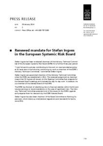 Press Release: Renewed mandate for Stefan Ingves in the European Systemic Risk Board