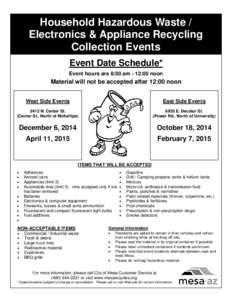 Household Hazardous Waste / Electronics & Appliance Recycling Collection Events Event Date Schedule* Event hours are 8:00 am - 12:00 noon