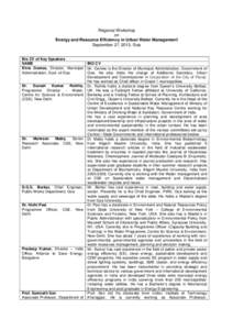 Regional Workshop on ‘Energy and Resource Efficiency in Urban Water Management’ September 27, 2013, Goa  Bio CV of Key Speakers