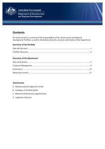 Contents This brief contains an overview of the responsibilities of the Infrastructure and Regional Development Portfolio, as well as information about the structure and function of the Department. Overview of the Portfo