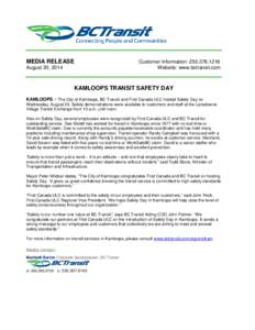 MEDIA RELEASE August 20, 2014 Customer Information: [removed]Website: www.bctransit.com