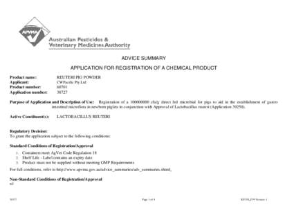 APPLICATION FOR REGISTRATION OF A CHEMICAL PRODUCT