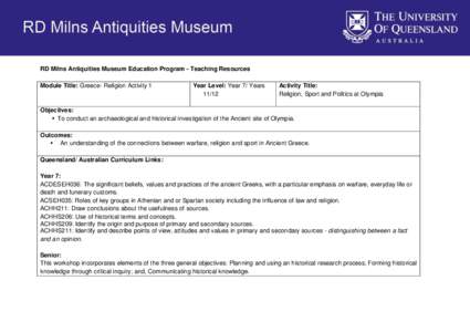 RD Milns Antiquities Museum Education Program - Teaching Resources Module Title: Greece- Religion Activity 1 Year Level: Year 7/ Years 11/12