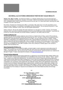 FOR IMMEDIATE RELEASE  DUCKWALL-ALCO STORES ANNOUNCES POSITIVE MAY SALES RESULTS Abilene, Kan. (May 31, [removed]Duckwall-ALCO Stores, Inc. (Nasdaq: DUCK) today announced that sales from continuing operations, excluding f