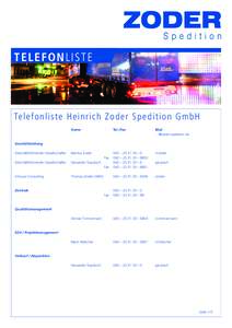 TELEFONLISTE  Tel ef o n l is t e H e in r ic h Zode r S pe dition G mbH Name			Tel./Fax			Mail 										…@zoder-spedition.de Geschäftsleitung