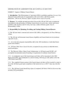 MEMORANDUM OF AGREEMENT FOR AIR NATIONAL GUARD UNITS SUBJECT: Support of Military Funeral Honors 1. Introduction: This Memorandum of Agreement (MOA) establishes guidelines for use of Air National Guard (ANG) units for au