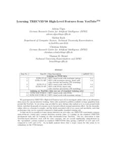 Learning TRECVID’08 High-Level Features from YouTubeTM Adrian Ulges German Research Center for Artificial Intelligence (DFKI) [removed] Markus Koch Department of Computer Science, Technical University K