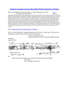 Southern Campaign American Revolution Pension Statements & Rosters Bounty Land Warrant information relating to Thomas Hopkings VAS1597 Transcribed by Will Graves vsl[removed]