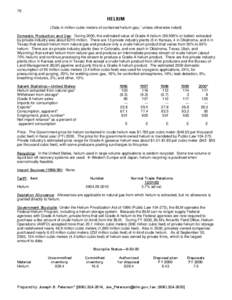 76  HELIUM (Data in million cubic meters of contained helium gas,1 unless otherwise noted) Domestic Production and Use: During 2000, the estimated value of Grade-A helium[removed]% or better) extracted by private industry