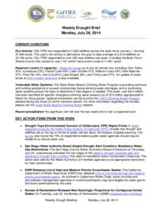Weekly Drought Brief Monday, July 28, 2014 CURRENT CONDITIONS Fire Activity: CAL FIRE has responded to 3,562 wildfires across the state since January 1, burning 37,840 acres. This year’s fire activity is well above the