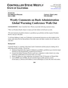 Press Release - Westly Comments on Bush Administration Global Warming Conference Walk Out