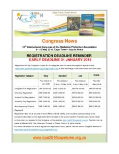 Congress News 14th International Congress of the Radiation Protection AssociationMay 2016, Cape Town – South Africa REGISTRATION DEADLINE REMINDER EARLY DEADLINE 31 JANUARY 2016