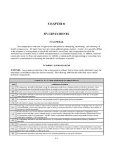 CHAPTER 6  OVERPAYMENTS IN GENERAL This chapter deals with state law provisions that pertain to identifying, establishing, and collecting UI benefit overpayments. All states’ laws have provisions addressing these matte