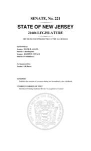 SENATE, No[removed]STATE OF NEW JERSEY 216th LEGISLATURE PRE-FILED FOR INTRODUCTION IN THE 2014 SESSION