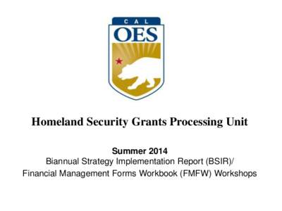 Homeland Security Grants Processing Unit Summer 2014 Biannual Strategy Implementation Report (BSIR)/ Financial Management Forms Workbook (FMFW) Workshops  Summer 2014