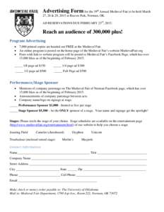 Advertising Form for the 39th Annual Medieval Fair to be held March 27, 28 & 29, 2015 at Reaves Park, Norman, OK. AD RESERVATIONS DUE FEBRUARY 23rd, 2015. Reach an audience of 300,000 plus! Program Advertising