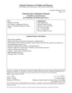 National Conference on Weights and Measures[removed]Shady Grove Road, Suite 130 • Rockville, MD[removed]Certificate Number: [removed]Page 1 of 2  National Type Evaluation Program