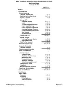 Adult Children of Alcoholics World Service Organization Inc  Balance Sheet As of July 31, 2014  Jul 31, 14