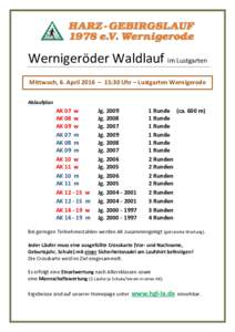 Wernigeröder Waldlauf im Lustgarten Mittwoch, 6. April 2016 – 15:30 Uhr – Lustgarten Wernigerode Ablaufplan AK 07 w AK 08 w