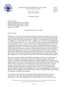 Letter: Harmony Public Schools, Texas: OCR Case #[removed]November 26, 2014 (PDF)