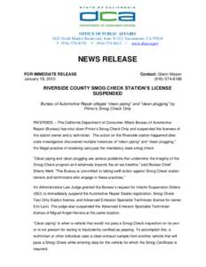 OFFICE OF PUBLIC AFFAIRS 1625 North Market Boulevard, Suite N-323, Sacramento, CA[removed]P[removed]F[removed] | www.dca.ca.gov NEWS RELEASE FOR IMMEDIATE RELEASE