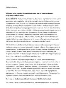 Deutscher Kulturrat  Statement by the German Cultural Council on the draft for the EU Framework Programme Creative Europe Berlin, [removed]The German Cultural Council, the umbrella organisation of German cultural asso