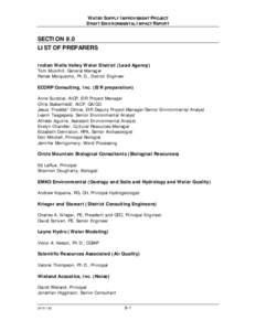 WATER SUPPLY IMPROVEMENT PROJECT DRAFT ENVIRONMENTAL IMPACT REPORT SECTION 8.0 LIST OF PREPARERS Indian Wells Valley Water District (Lead Agency)