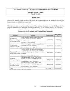 OFFICE OF RECOVERY ACT ACCOUNTABILITY AND OVERSIGHT BOARD REPORT ITEM March 11, 2010 Report Item Presentation and Discussion on a Status Report on the Implementation of the American Recovery and Reinvestment Act of 2009 