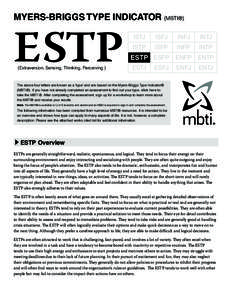 Myers-Briggs Type Indicator (MBTI®)  ESTP (Extraversion, Sensing, Thinking, Perceiving )  ISTJ