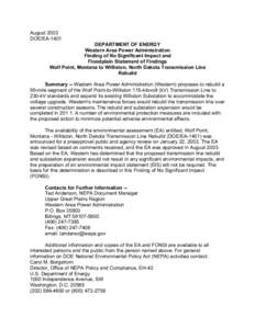 Montana DEQ - Western Area Power Administration Finding of No Significant Impact and Floodplain Statement of Findings Wolf Point, Montana toi Williston, ND Transmission Line Rebuild