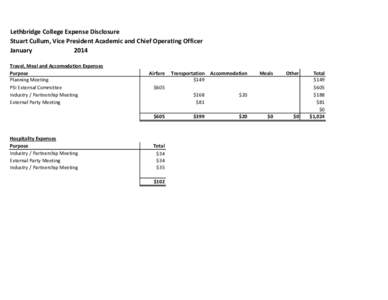 Lethbridge College Expense Disclosure Stuart Cullum, Vice President Academic and Chief Operating Officer January 2014 Travel, Meal and Accomodation Expenses Purpose