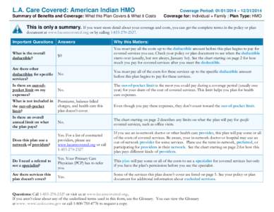 L.A. Care Covered: American Indian HMO Summary of Benefits and Coverage: What this Plan Covers & What it Costs Coverage Period: [removed] – [removed]Coverage for: Individual + Family | Plan Type: HMO