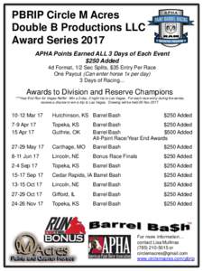 PBRIP Circle M Acres Double B Productions LLC Award Series 2017 APHA Points Earned ALL 3 Days of Each Event $250 Added 4d Format, 1/2 Sec Splits, $35 Entry Per Race