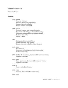 CURRICULUM VITAE Jerome H. Barkow Positions 2010 – present Honorary Professor