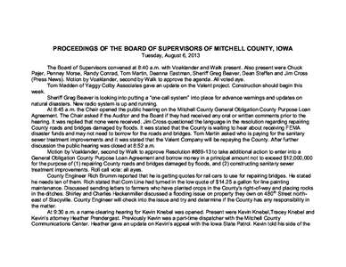 PROCEEDINGS OF THE BOARD OF SUPERVISORS OF MITCHELL COUNTY, IOWA Tuesday, August 6, 2013 The Board of Supervisors convened at 8:40 a.m. with Voaklander and Walk present. Also present were Chuck Pajer, Penney Morse, Randy