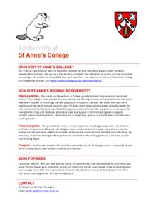       Biodiversity at  St Anne’s College CAN I VISIT ST ANNE’S COLLEGE?