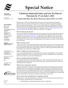 California Statewide Sales and Use Tax Rate to Decrease by 1% on July 1, 2011