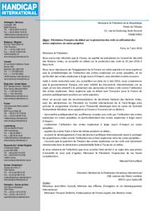 Lettre de Handicap International au Président de la République Française François Hollande