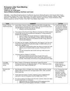 SUMMARY Evergreen Jobs Team Meeting January 20, [removed]:30 a.m. to 12:00 noon Davis-Williams Building, 2nd floor conf room Attendees: Laurie Black (Guest by phone), Tina Bloomer (by phone), Barbara Burgener, Colin Conant