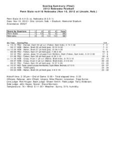 Scoring Summary (Final[removed]Nebraska Football Penn State vs #18 Nebraska (Nov 10, 2012 at Lincoln, Neb.) Penn State (6-4,4-2) vs. Nebraska (8-2,5-1) Date: Nov 10, 2012 • Site: Lincoln, Neb. • Stadium: Memorial Stadi