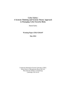 Cyber Safety: A Systems Thinking and Systems Theory Approach to Managing Cyber Security Risks Hamid Salim  Working Paper CISL# 