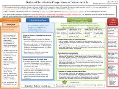 Outline of the Industrial Competitiveness Enhancement Act  December 2013 Ministry of Economy, Trade and Industry  ○ To execute the Japan Revitalization Strategy surely and steadily, the Government of Japan will stipula