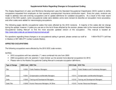 Supplemental Notice Regarding Changes to Occupational Coding The Alaska Department of Labor and Workforce Development uses the Standard Occupational Classification (SOC) system to define occupations requested from employ