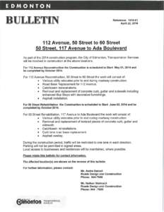 Construction Bulletin[removed]Avenue[removed]St) & 50 Street (117 Ave-Ada Blvd) - April 2014