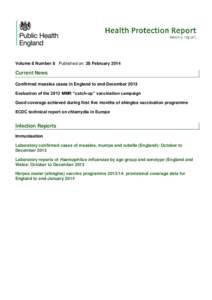 Volume 8 Number 8 Published on: 28 February[removed]Current News Confirmed measles cases in England to end-December 2013 Evaluation of the 2013 MMR “catch-up” vaccination campaign Good coverage achieved during first fi