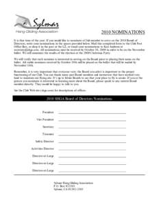 2010 NOMINATIONS It is that time of the year. If you would like to nominate a Club member to serve on the 2010 Board of Directors, write your nominations in the spaces provided below. Mail this completed form to the Club