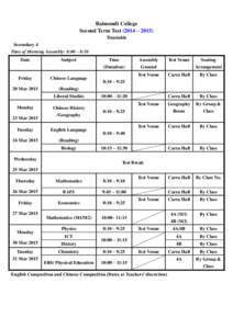 Raimondi College Second Term Test (2014 – 2015) Timetable Secondary 4 Time of Morning Assembly: 8:00 – 8:10 Date