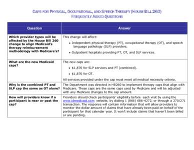 CAPS FOR PHYSICAL, OCCUPATIONAL, AND SPEECH THERAPY (HOUSE BILL 260) FREQUENTLY ASKED QUESTIONS Question Answer