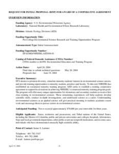 REQUEST FOR INITIAL PROPOSAL (RFIP) FOR AWARD OF A COOPERATIVE AGREEMENT OVERVIEW INFORMATION Funding Agency: U.S. Environmental Protection Agency Laboratory: National Health and Environmental Effects Research Laboratory