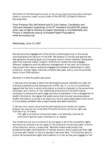 Comment on the Working Document on the processing of personal data relating to health in electronic health records (EHR) of the ARTICLE 29 Data Protection Working Party From Professor Roy McClelland and Dr Colin Harper, 